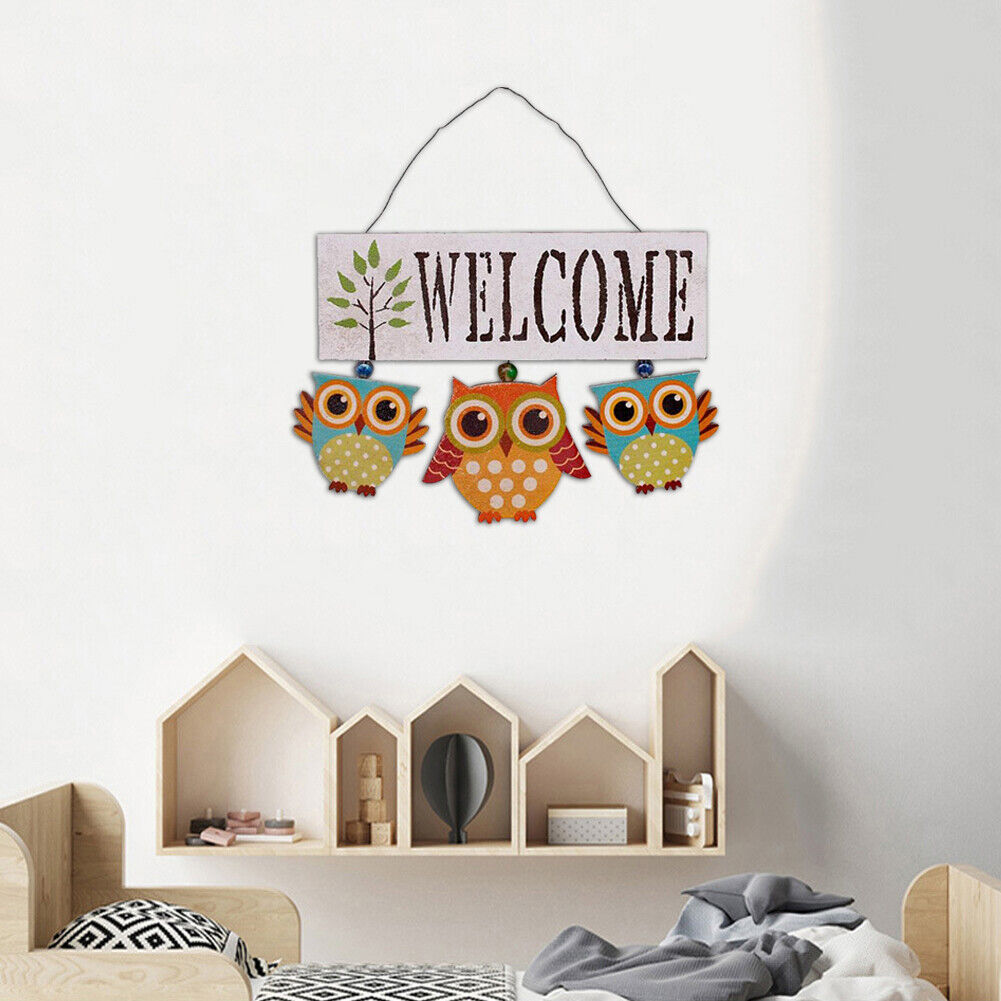 Wooden Welcome Owl Door Sign Pendant Hanging Home Wall Decor (White)