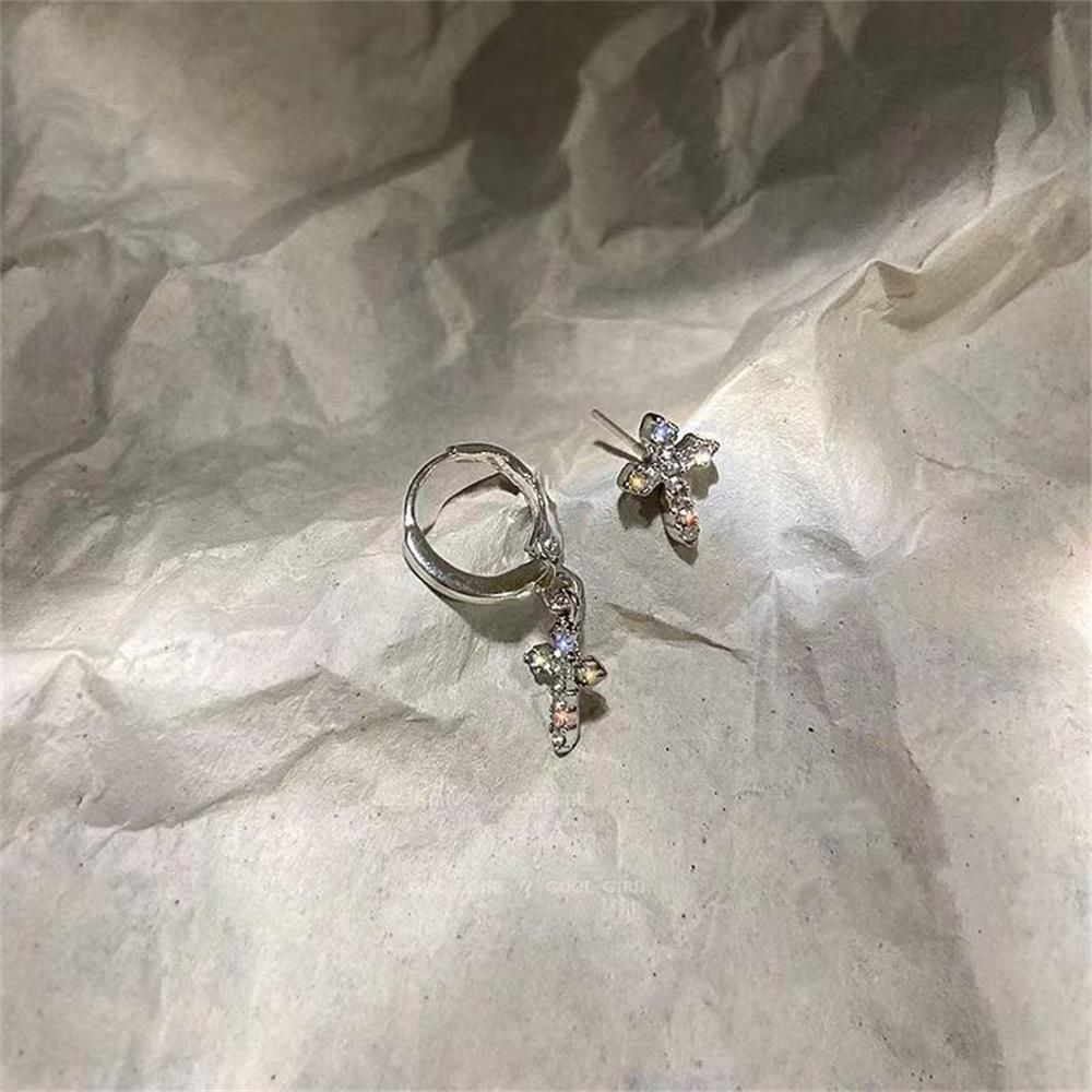 Shinning Sparkle Earrings Asymmetry Stud Cross Earrings Zircon Crystal Earrings