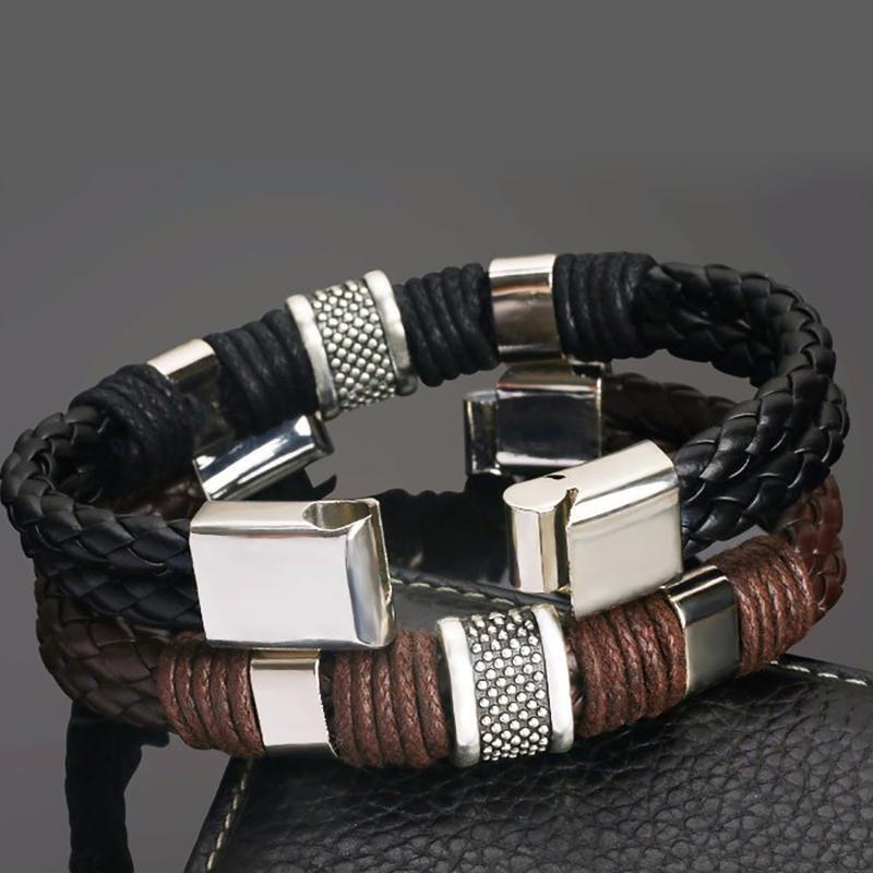 Magnetic Masculinity Leather Bracelets 2Pcs Men Charm Wristband Bracelet