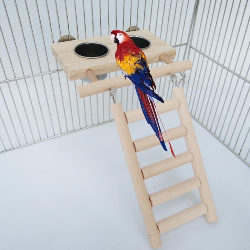 Birds Food Dish Stainless Steel Feeding Cups with Wood Platform and Ladder
