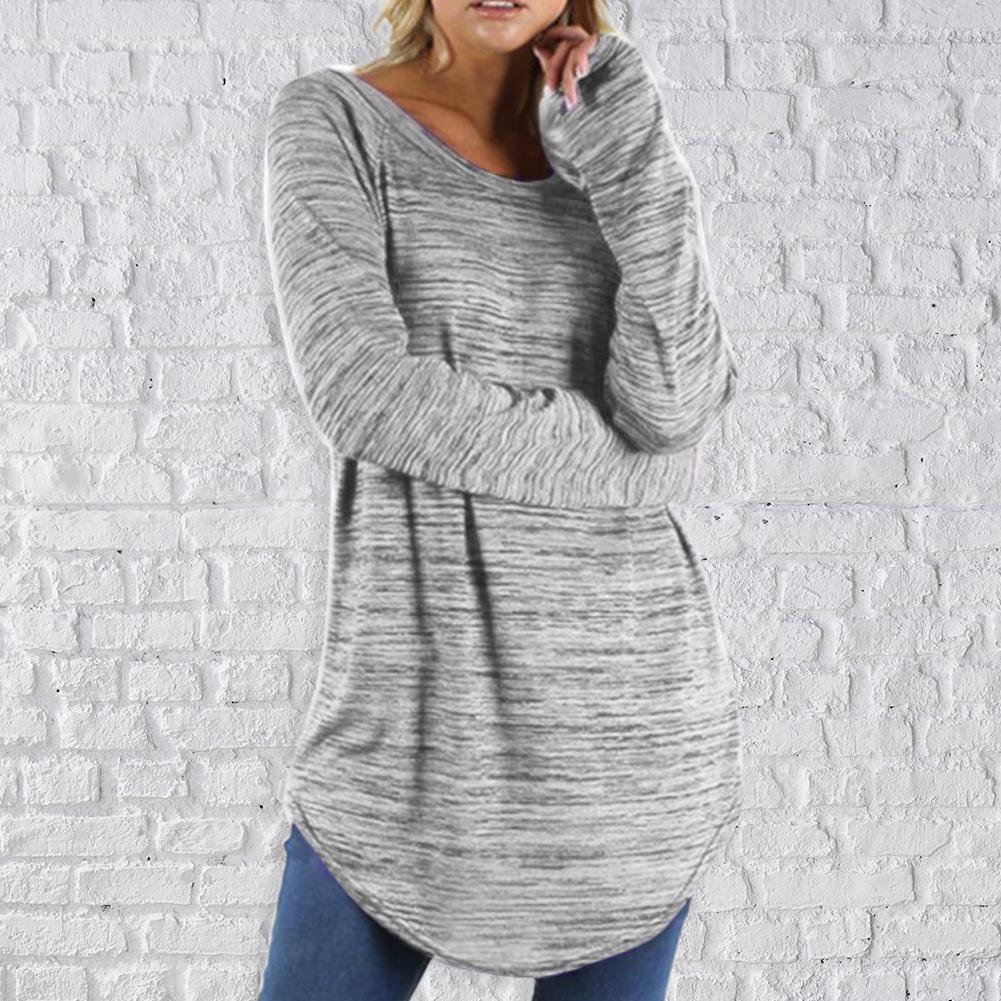 Women Casual Long Sleeve T-shirt Irregular Hem Tops Street Wear (Grey L)