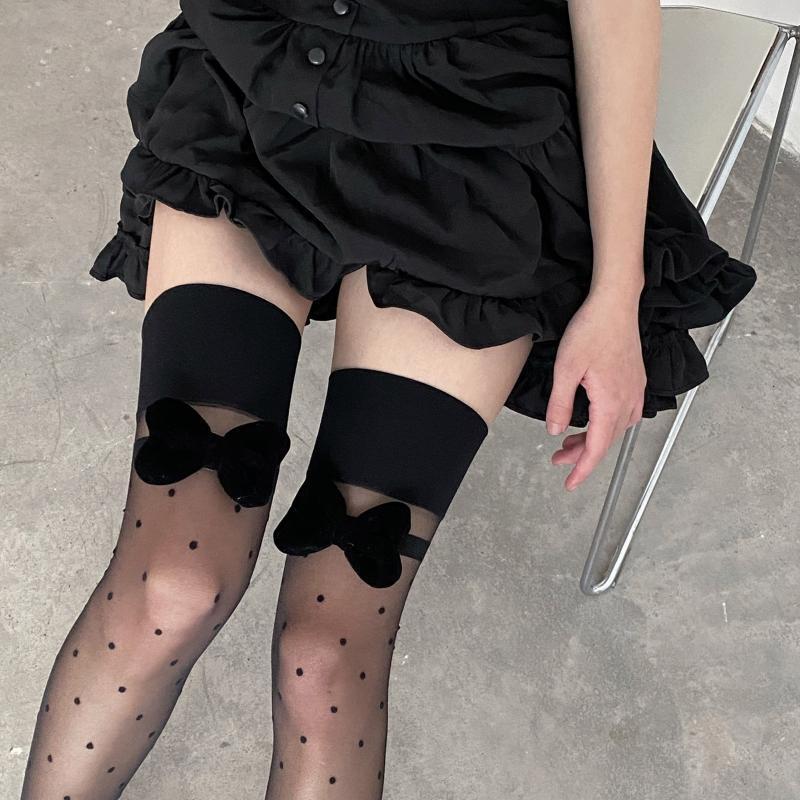 Women Lolita Sheer Thigh High Stockings Polka Dot Sweet Big Bow Over Knee Socks