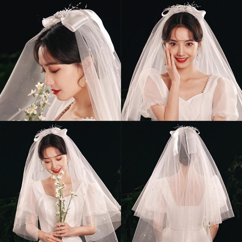 Wedding Bridal Veil with Ribbon Bow Decoration Short Sparkles Sheer Tulle 2 Tier