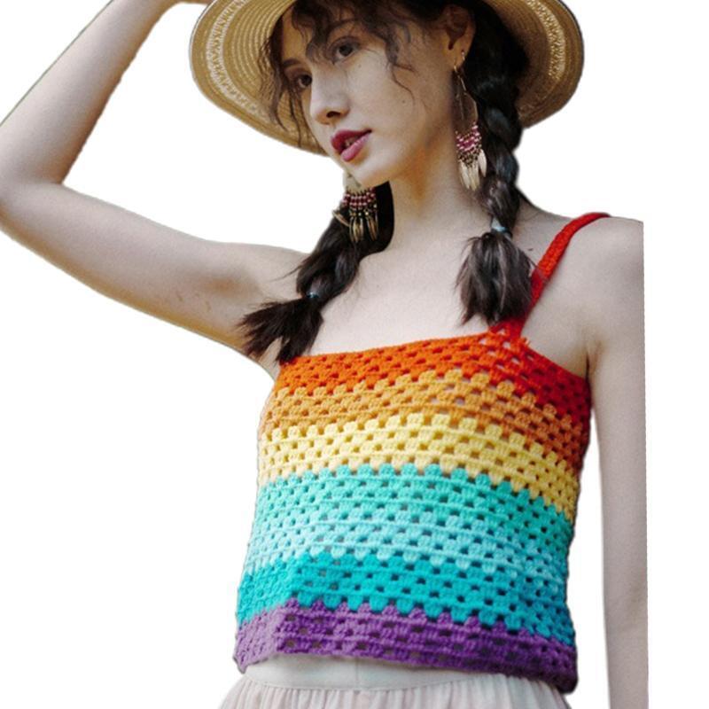 Women Beach Spaghetti Strap Camisole Crochet Lace-Up Rainbow Striped Crop Top