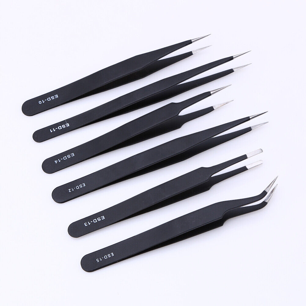 6pcs Safe Stainless Steel Anti-static Tweezers Maintenance Tool Kits