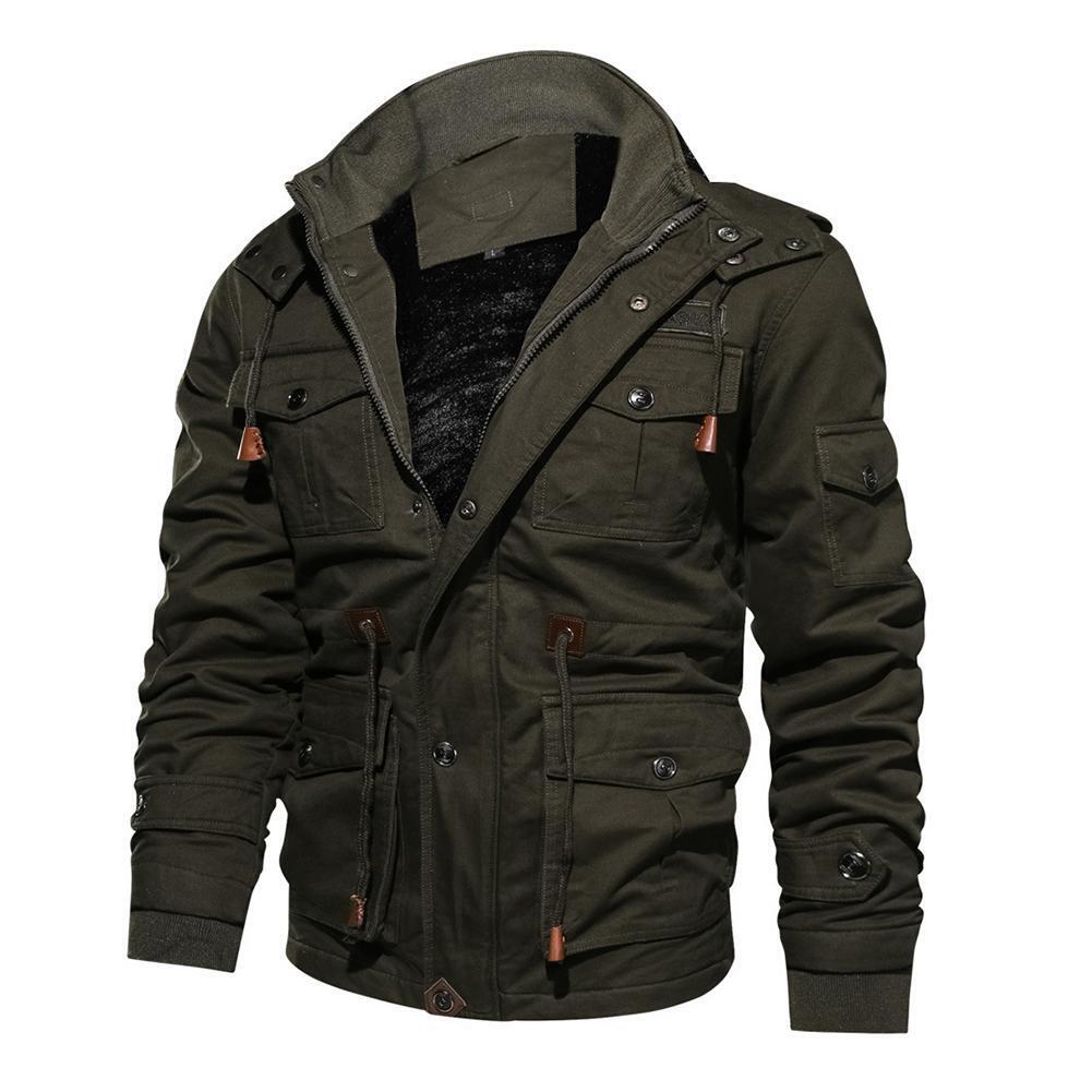 Men Long-Sleeve Thicken Fleece Hooded Coat Pocket Zipper Jacket (Green 3XL)