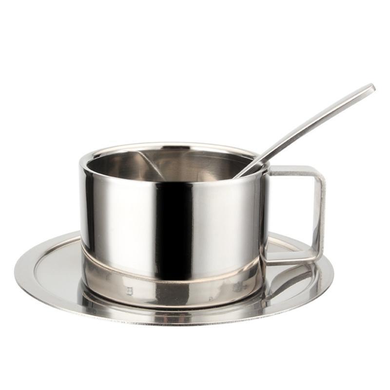 Stainless Steel Coffee Cup Set Double Walled Coffee Mugs with Saucer and Spoon