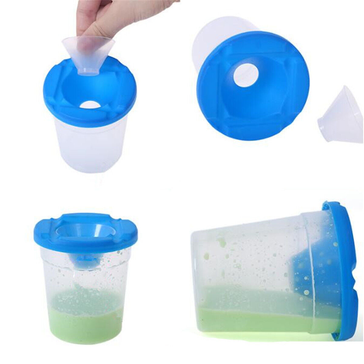 Non Spill Water Pots Lid & Stoppers Plastic Artist Paint Brush Holder & Cleaner