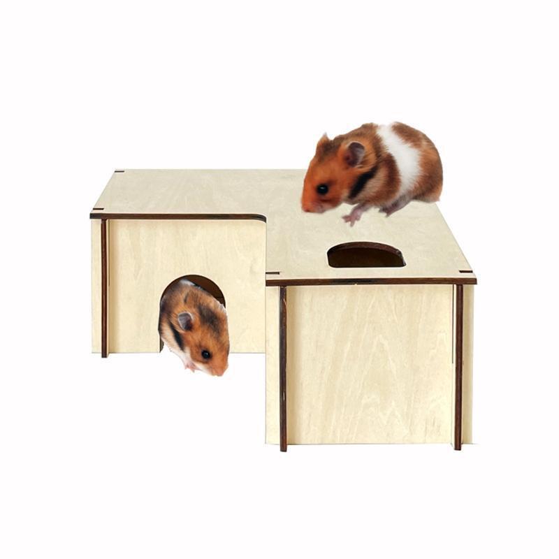Syrian Hamster House Wooden Hideout 3-Room L-Shape Safe for Small Animals