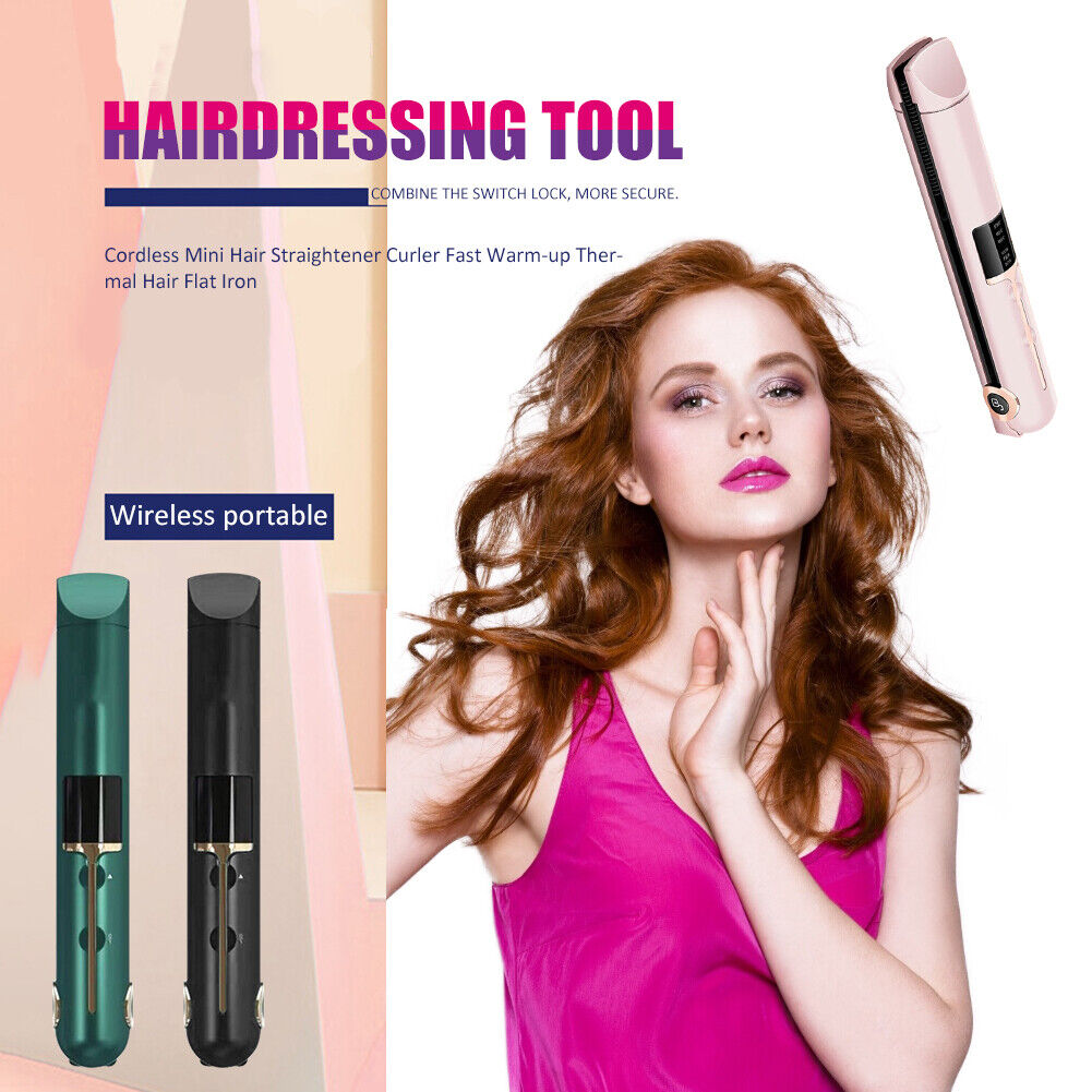 Cordless Hair Straightener Curler Fast Heating Thermal Flat Iron (Pink)