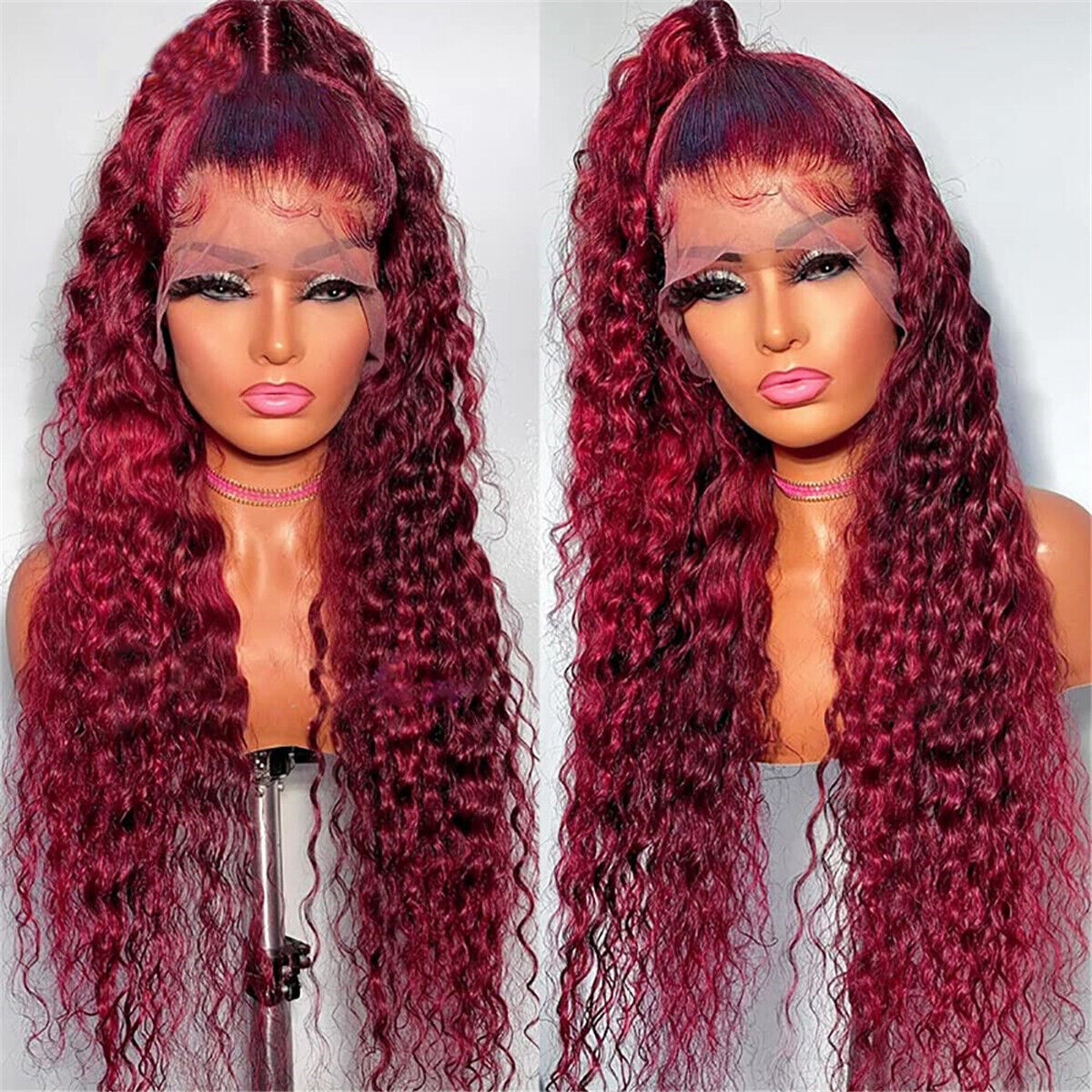 Fashion Long Loose Wave Curly Lace Front Wigs Dark Red Synthetic Hair for Women