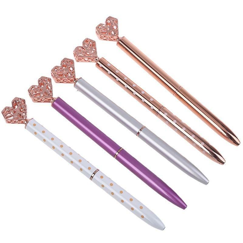 5Pcs Big Crystal Diamond Pen,Heart Shaped Pen, Metal Ballpoint PenSchool