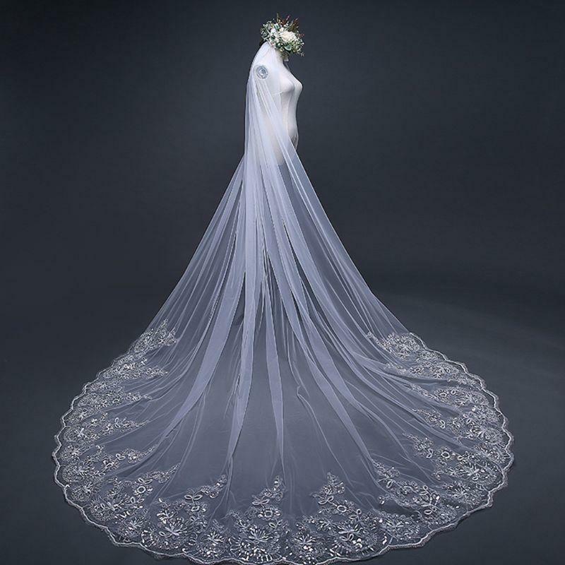 4M One-Layer Women Trailing Cathedral Long Wedding Veil Embroidered Floral Lace