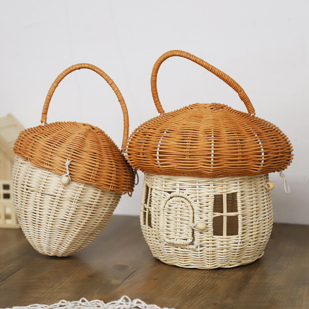 Handmade Rattan Mushroom Basket Handbag Woven Organizer Photography Props