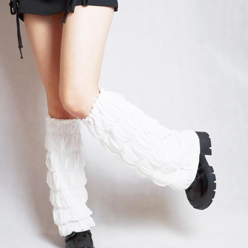 Women Lolita White Knee High Leg Warmers Wavy Ruched Bubble Foot Covers Socks