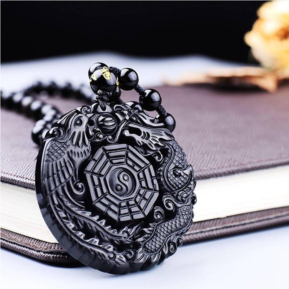 Black Mens Women Dragon Phoenix Carved BaGua Obsidian Necklace Lucky Pendant