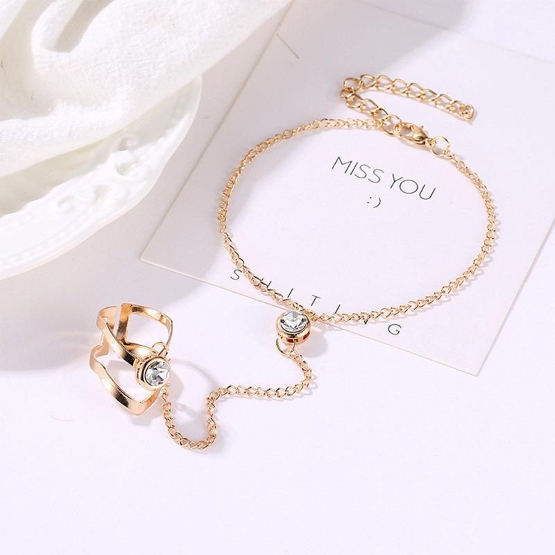 Geometric Bracelet Adjustable Chain Rhinestone Alloy Ring Bracelet for Women