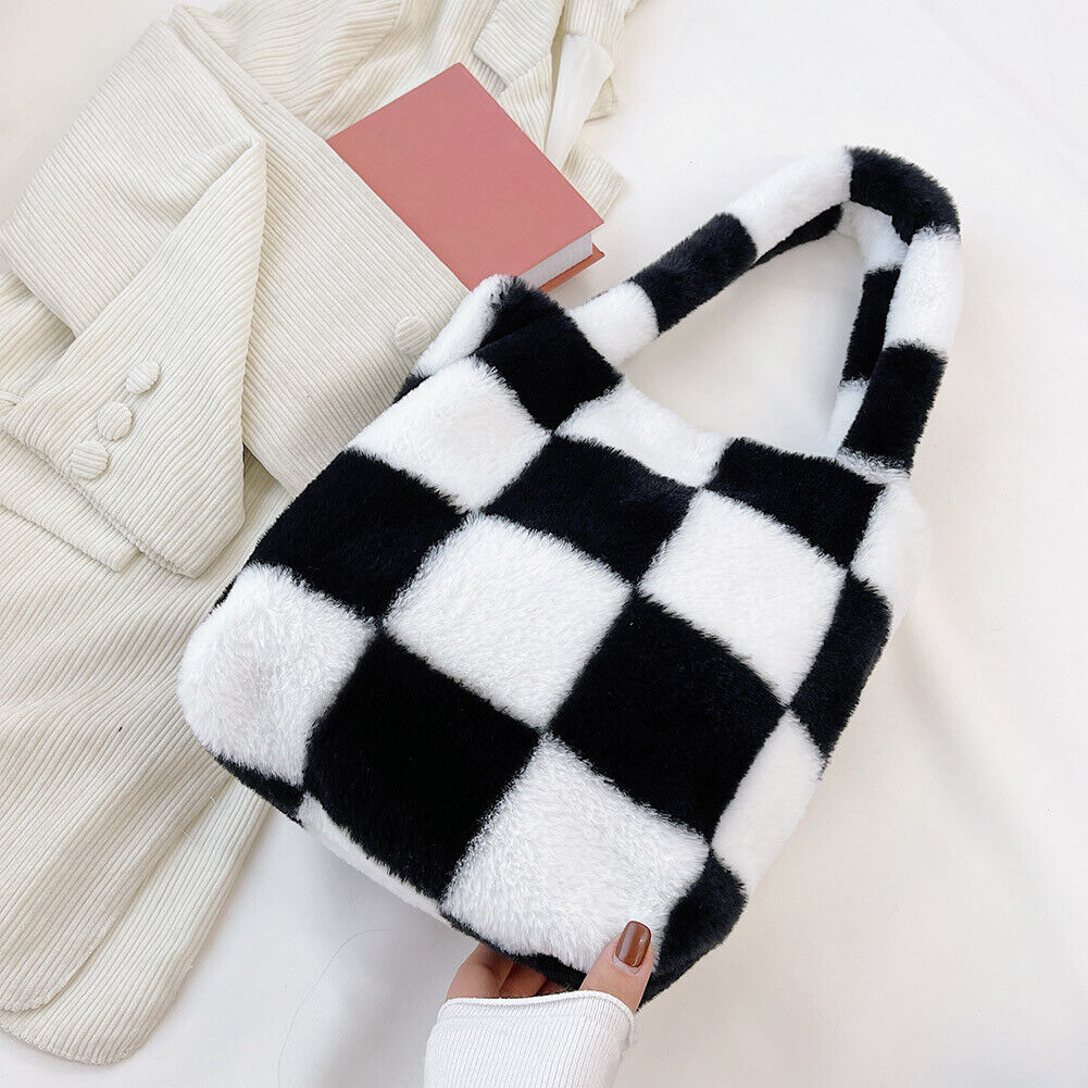 Fashion Checkered Print Shoulder Bag Autumn Winter Plush Hit Color Handbag