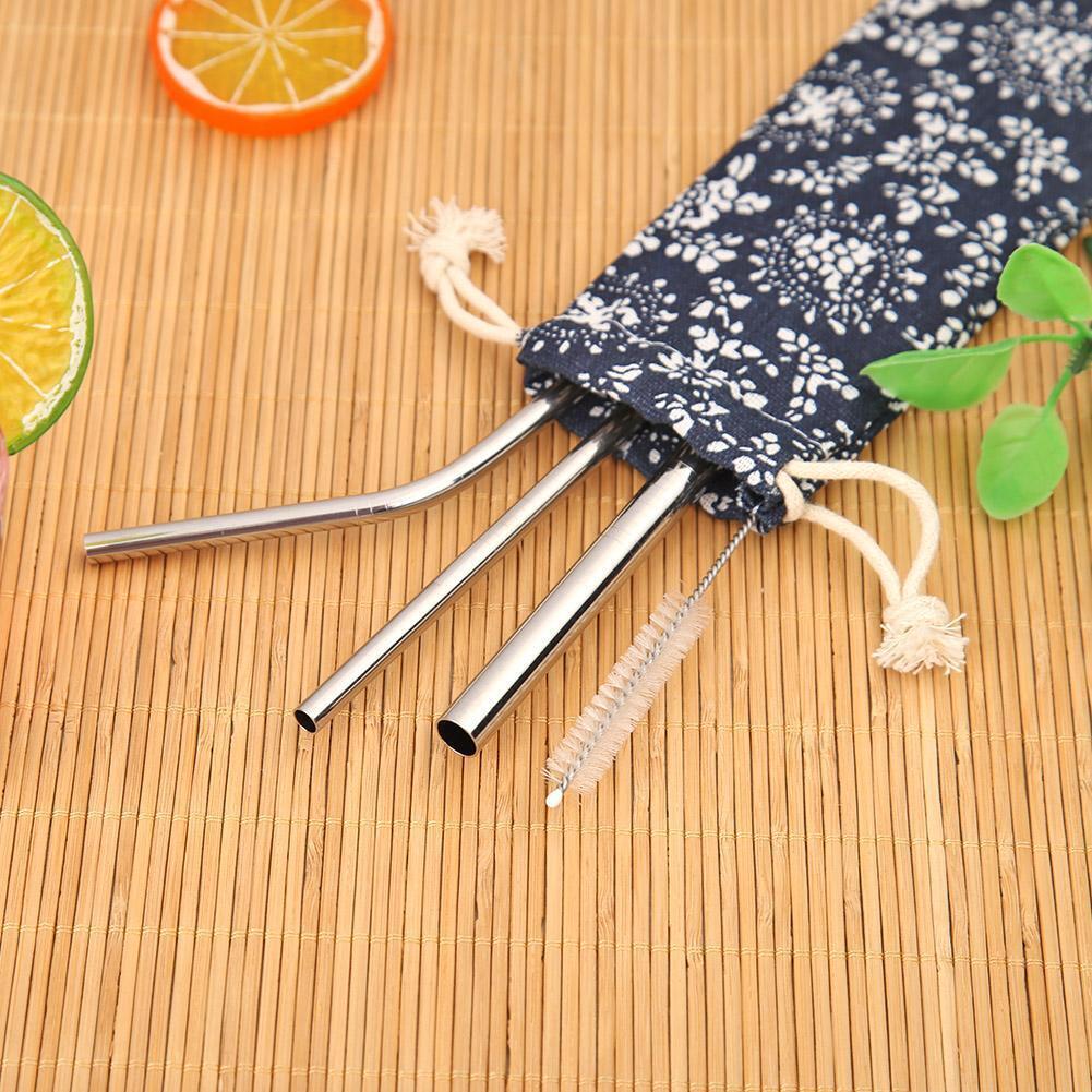 3/5pcs Reusable Metal Bent Straight Drink Straw Clean Brush Pouch Tool (A)