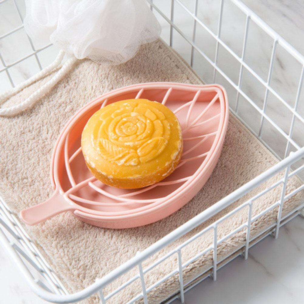 Double Layer Leaf Shape Drain Soap Box Soap Storage Holder Container(Pink)