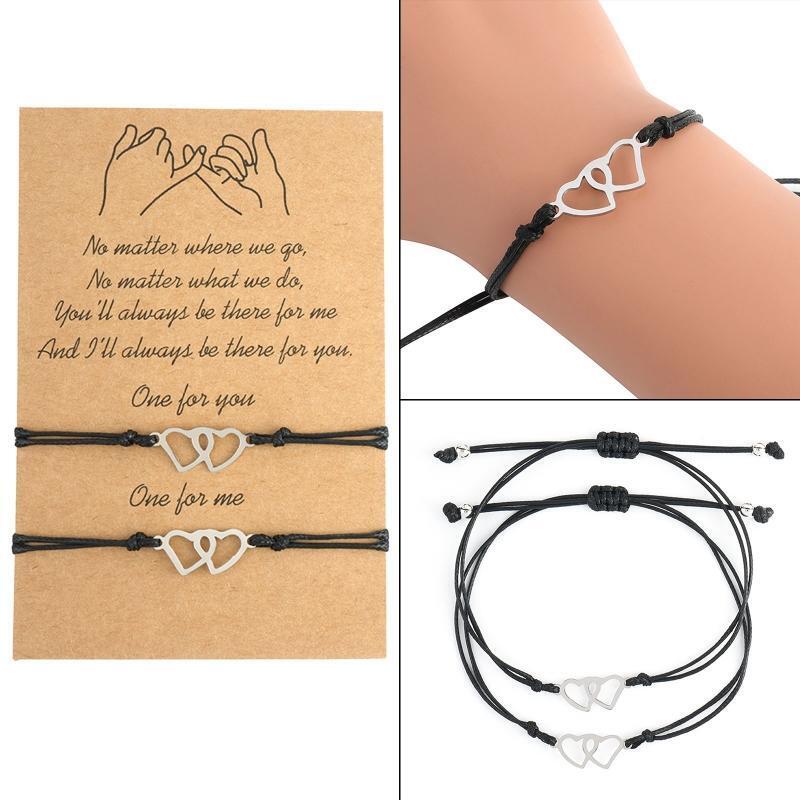 Creative Stainless Steel Heart-shaped Waxed Braided Card Bracelet 2-piece Set