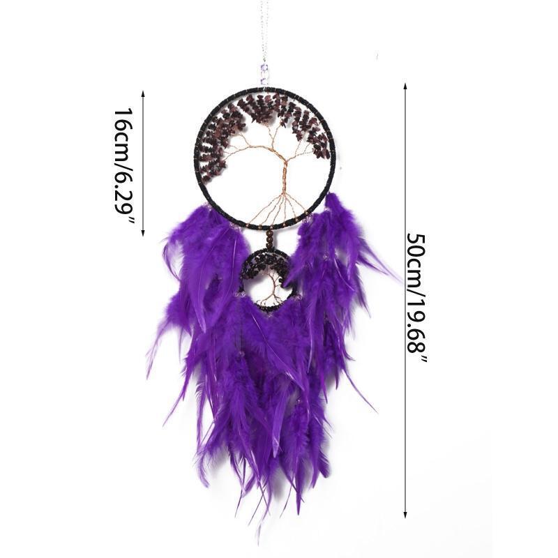 Woven Tree of Life Dream Catcher with Crystal Stones Feather Wall Hanging Decor