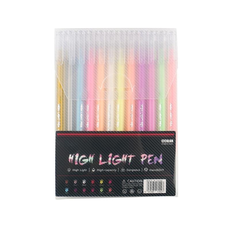 12 Colors Highlighter Pens Fluorescent Gel Pen 0.5mm Refills Stationery School