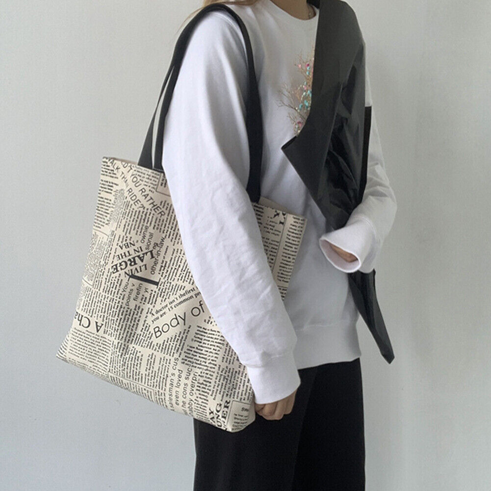 Women Canvas Newspaper Print Shoulder Shopping Bags Large Tote Handbags