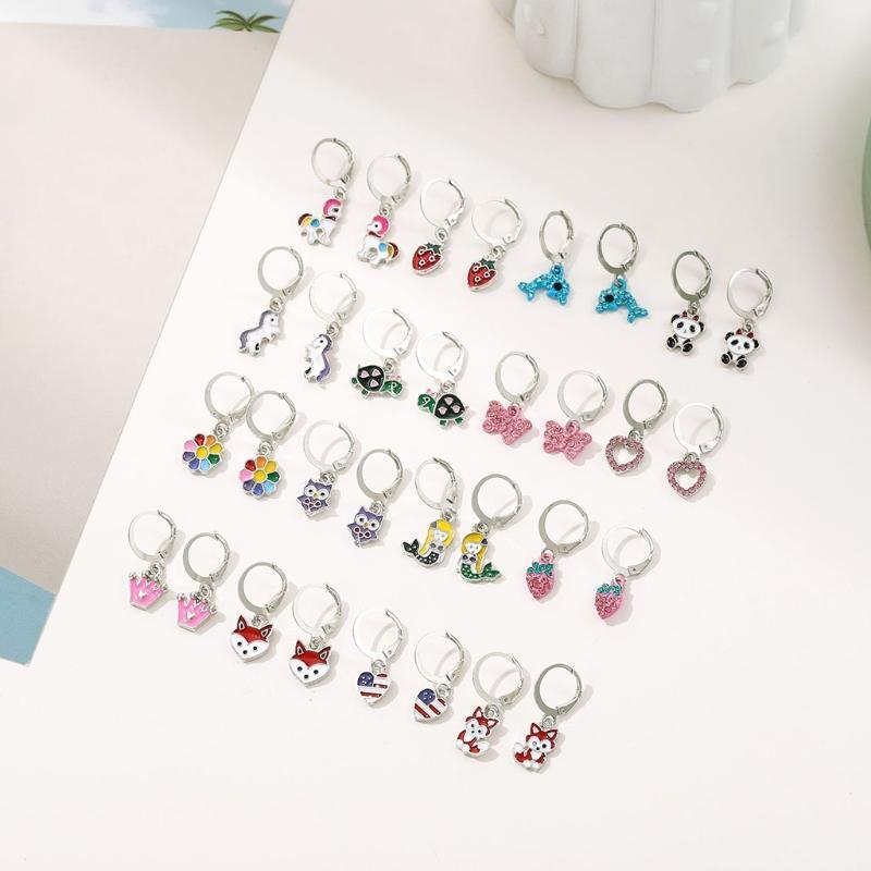 16 Pairs Mixed Cute Animals Earrings Panda Heart Dolphin Owl Hoop Drop Earrings
