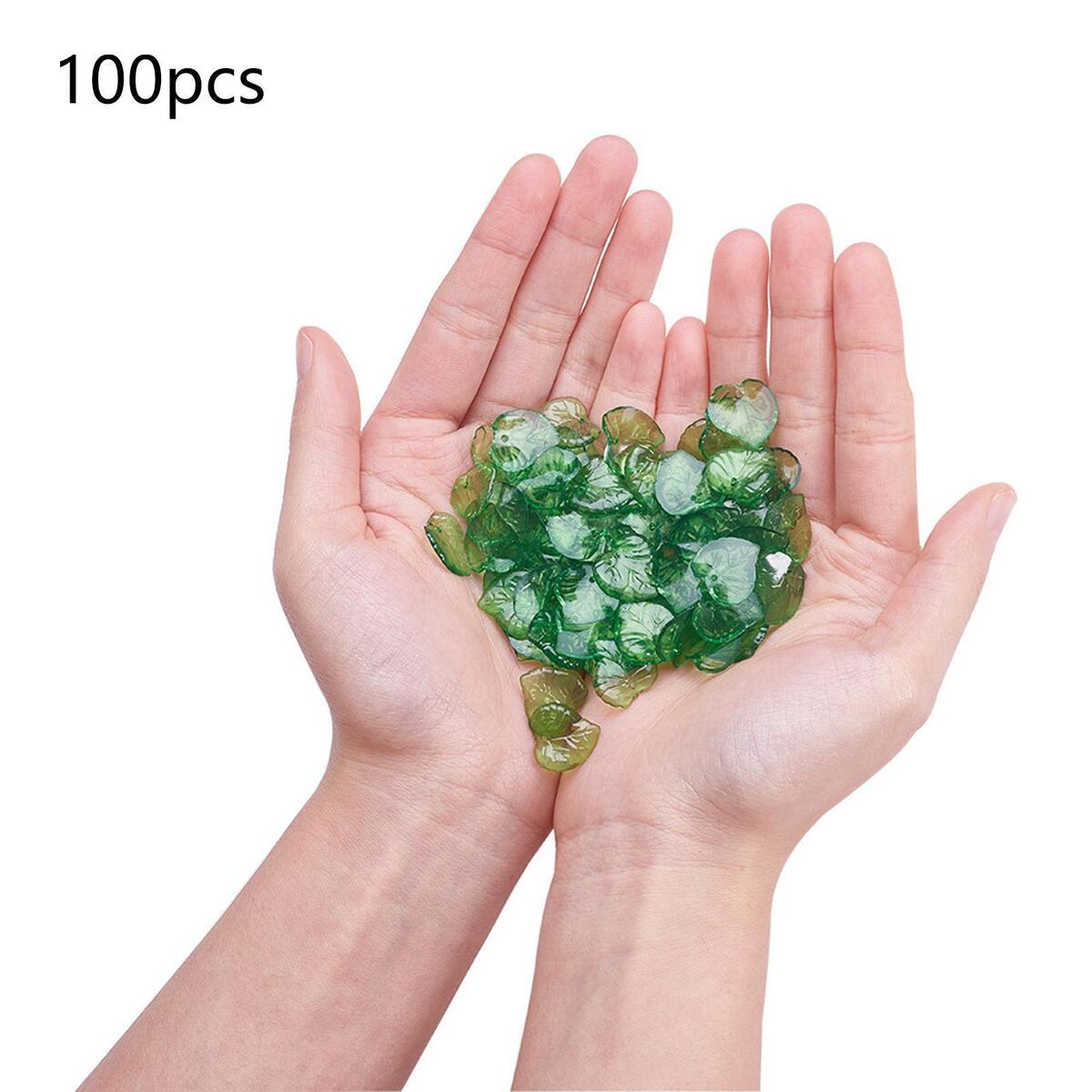 100x Green Transparent Acrylic Leaf Pendants Frosted Style Leaf Shape Bead