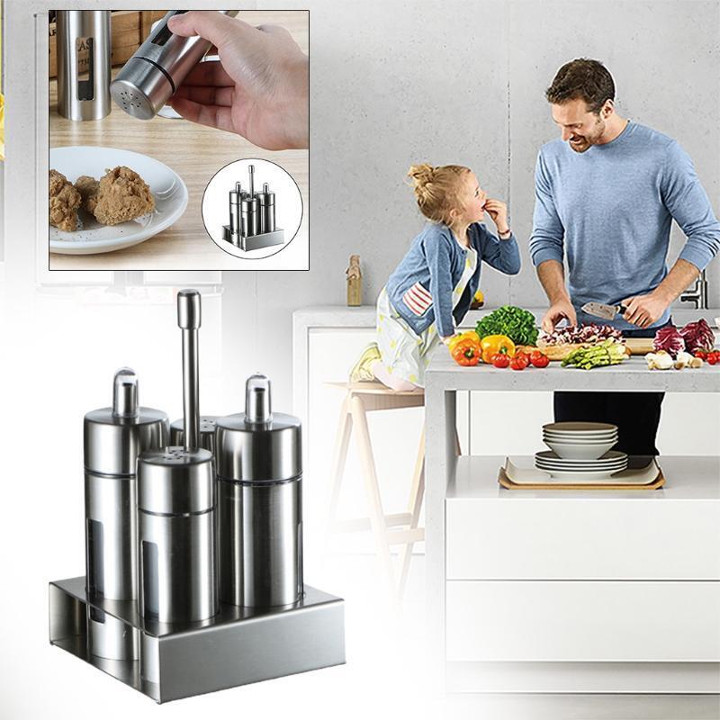4 Pcs Stainless Steel Spice Jars Set with Storage Rack Cruet Condiment Salt Tool