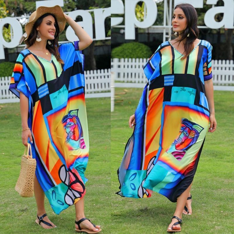 Women Batwing Sleeve Beach Maxi Dress Abstract Face Print Kaftan Bikini Cover Up