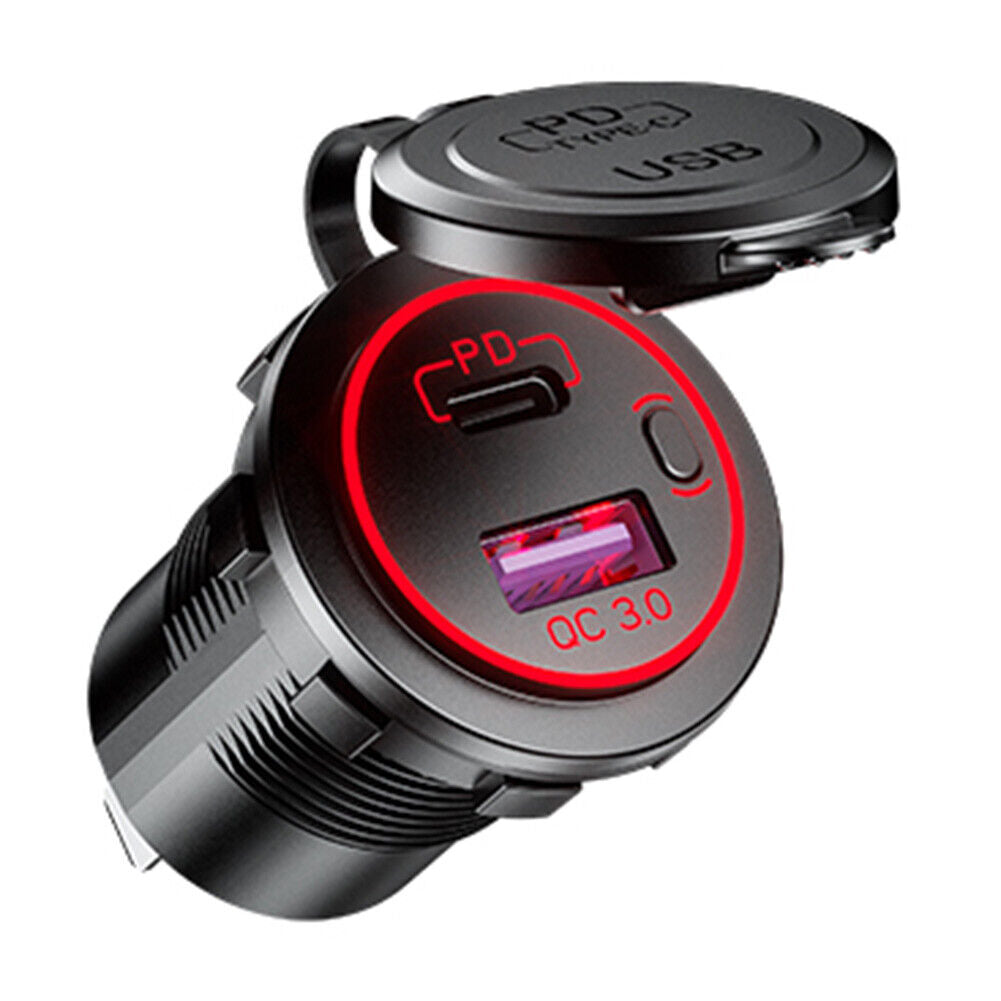 Car Boat Dual USB Charger PD + QC 3.0 USB Charger Socket + Wires (Red)