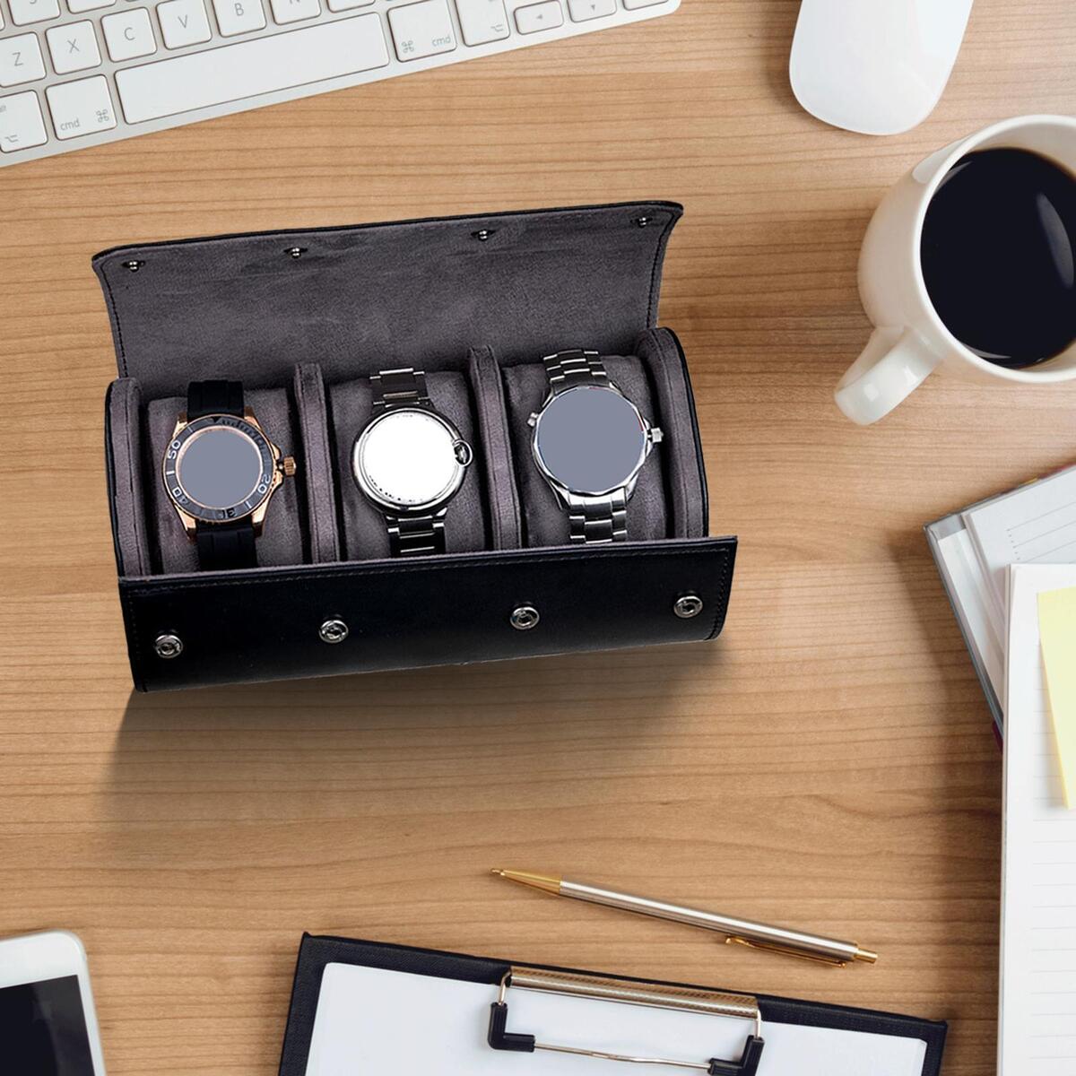 of2 3 Slots Luxury PU Leather Watch  Travel Case Organizer Holder