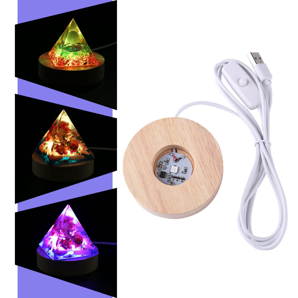 Crystal Orgonite Pyramid Lamp Base Decor Wooden LED Display Holder (Multi)
