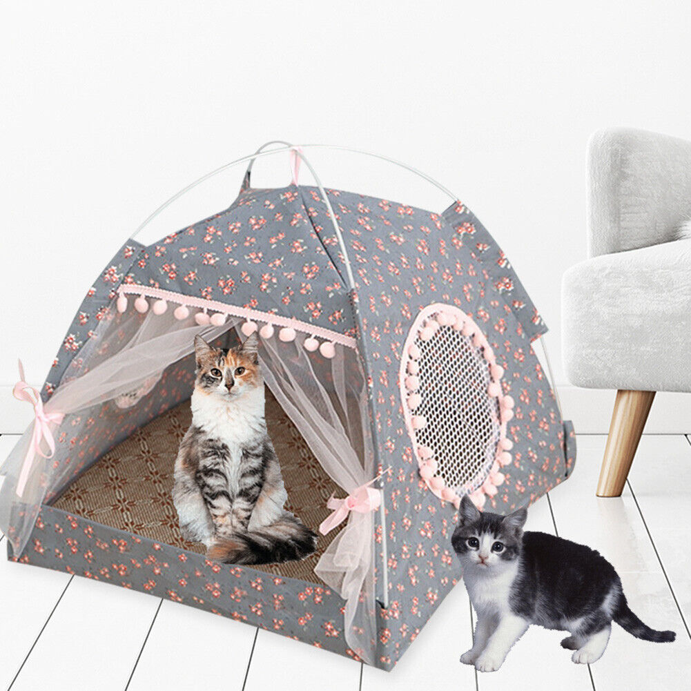 Dog Bed Cat Tent House Mat Puppy Kennel Cushion Pet Pad Supply (Grey M)