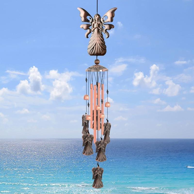Plating Metal Angel Wind Chime and Hook Angels Wings Pipe Hanging Ornament