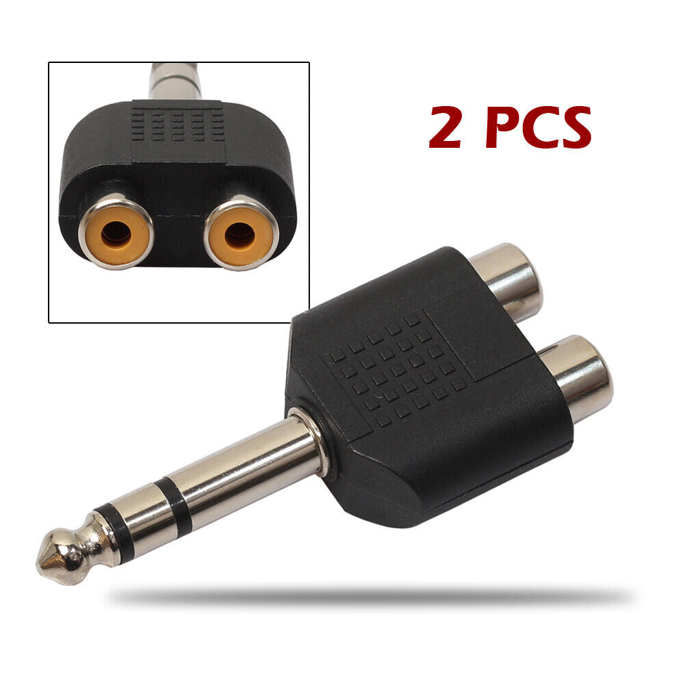 2Pcs 6.35mm 1/4" Stereo Plug to 2 RCA Female Jacks Splitter Audio Converter
