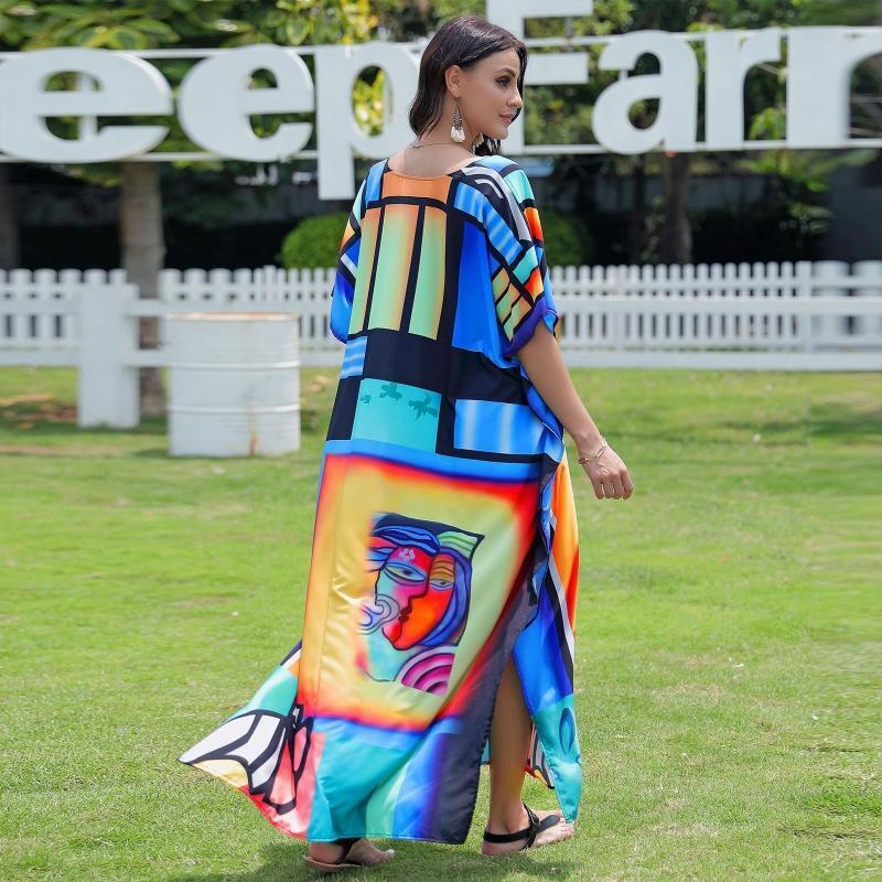 Women Batwing Sleeve Beach Maxi Dress Abstract Face Print Kaftan Bikini Cover Up