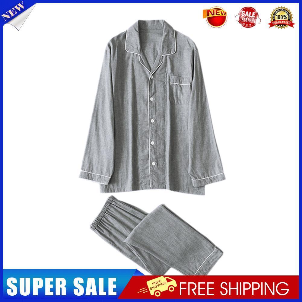Men Cotton Pajamas Sets Long Sleeve Tops Clothes Sleepwear Suit(Grey L)