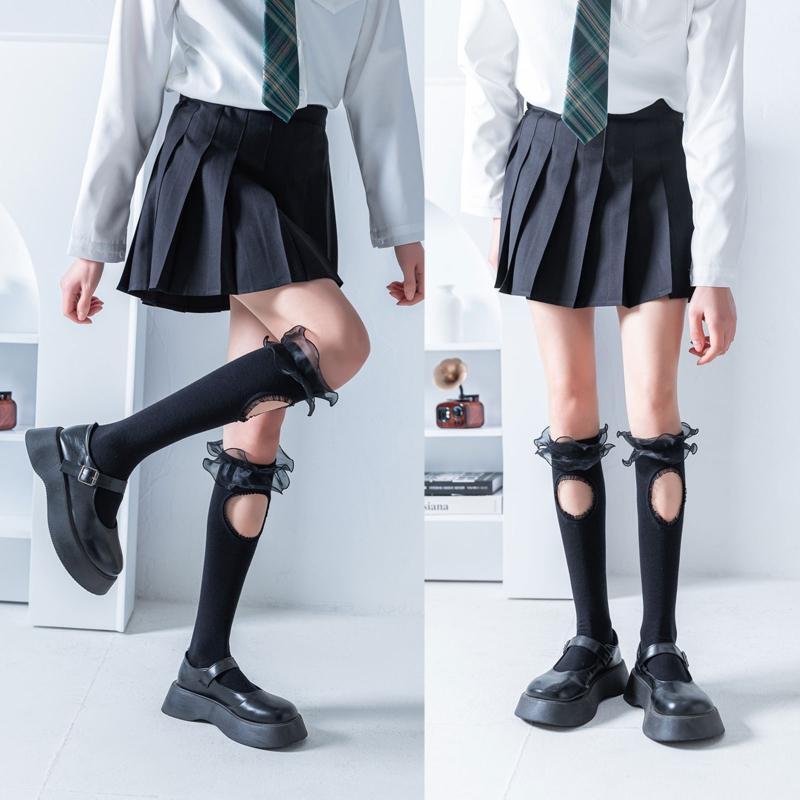 Women Cotton Black Knee High Socks Gothic Lolita Ruffled Trim Hollow Stockings