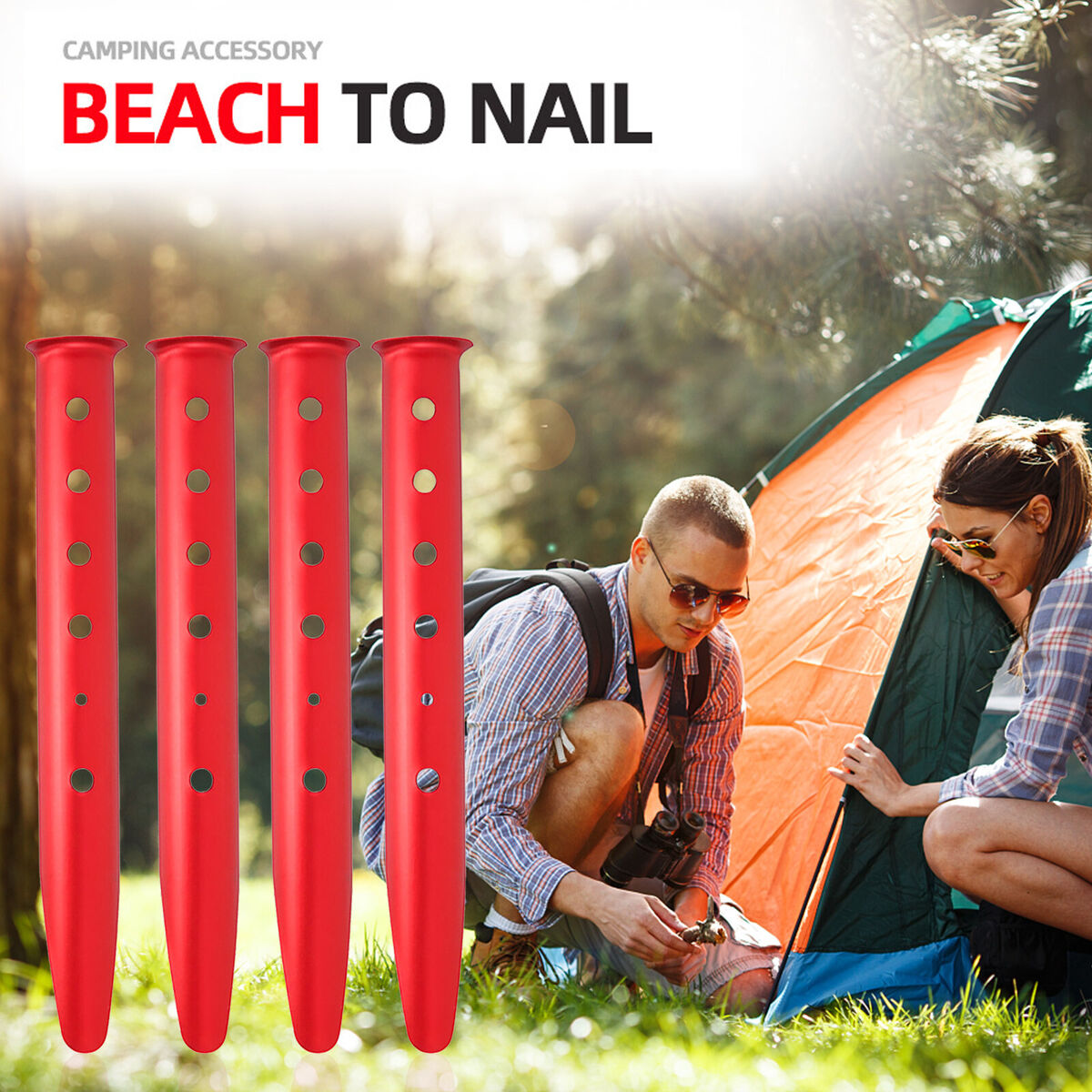 Snow & Sand Tent Stakes Pegs - Rustproof Aluminum U-Shaped Tent Pegs (Red)