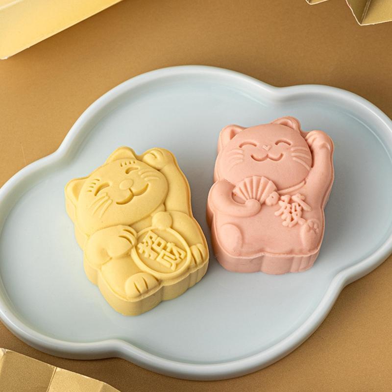 Plastic Mooncake Stamps Lucky Cat Shape Mooncake Mold Festival DIY Hand Press
