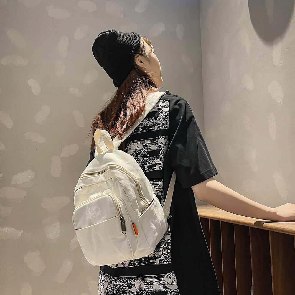 Fashion Women Solid Color Backpack Students Canvas School Knapsacks (White)
