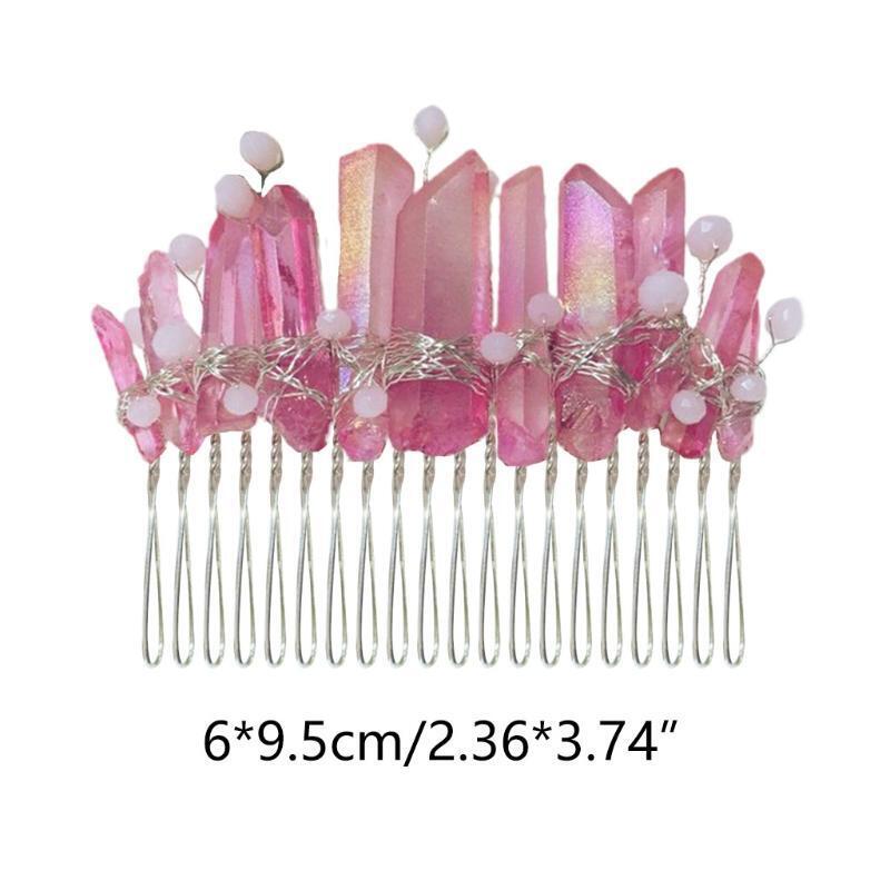 Handmade Natural Stone Bridal Hair Comb Pink AB Quartz Crystal Tiara Headpiece