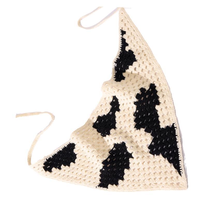 Cow Pattern Knitted Hair Kerchief Crochet Bandana Tie Back Head Wrap for Women