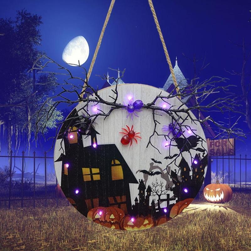Halloween Spider Hanging Door Sign with LED Light Wooden Wall Plaque Porch Decor