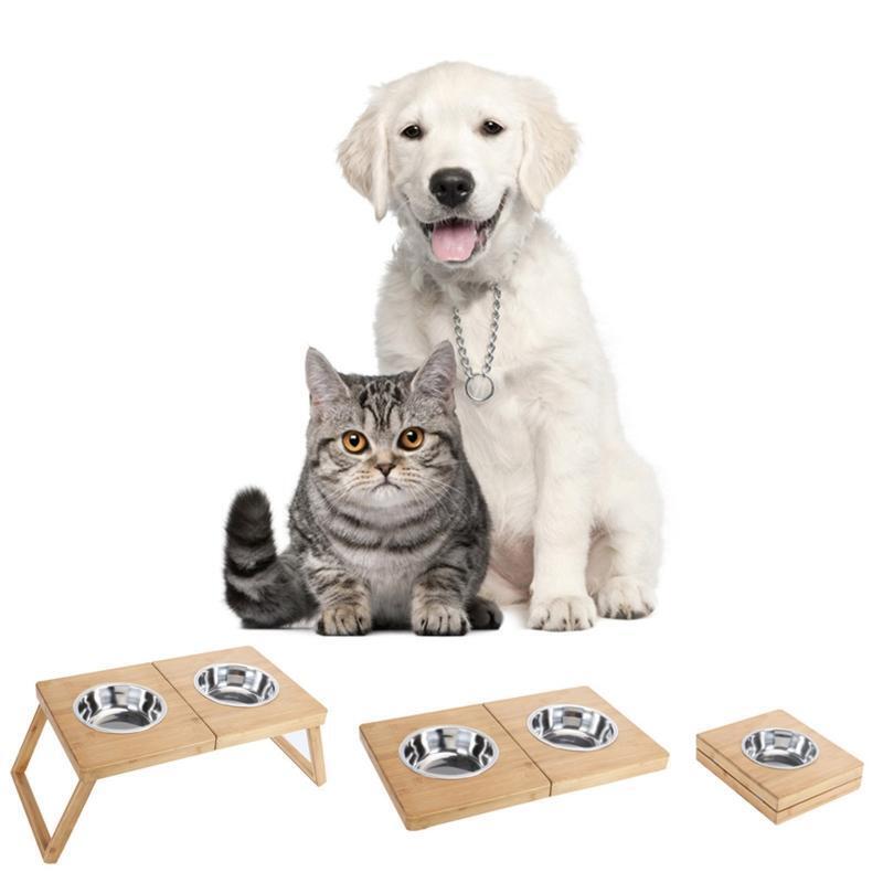 Elevated Dog Bowls Bamboo Feeder Dog Dishes with 2 Stainless Steel Bowls Durable