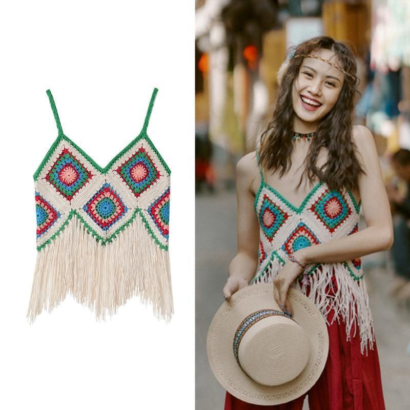 Women Boho Spaghetti Strap Camisole Crochet Contrast Color Plaid Tassel Crop Top