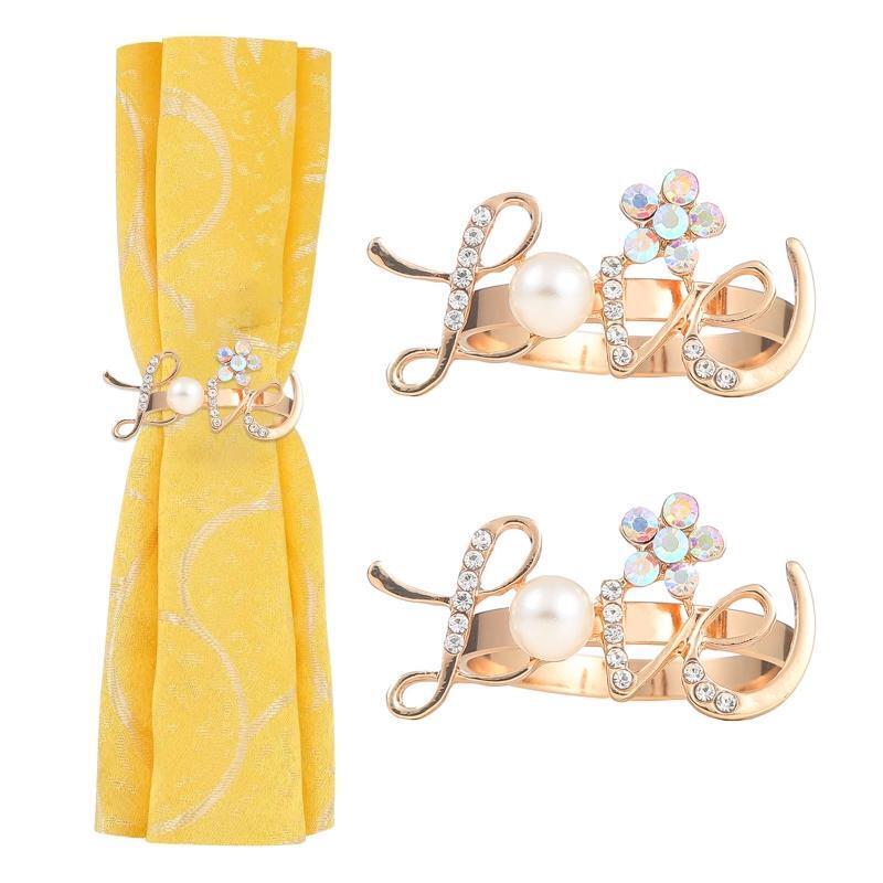 2Pcs Valentines Love Metal Napkin Ring Rhinestone Serviette Buckle Holder Decor